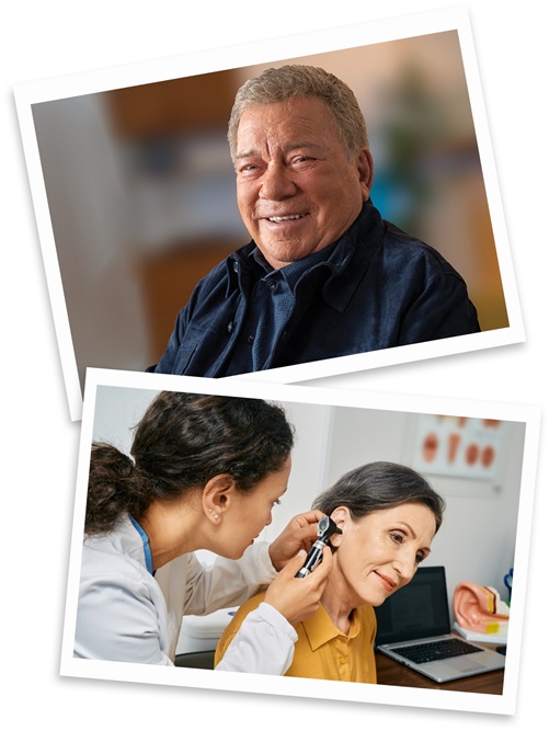 William Shatner in the hearing assessment booth at HearingLife - Hearing Care Provider checks the ear of a woman