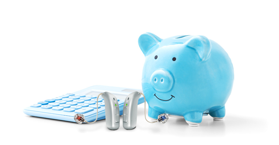 Piggy bank with hearing aids and calculator