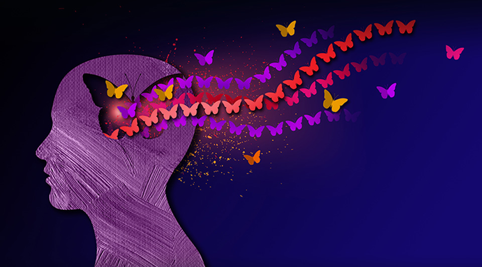 Image shows an illustration of dementia brain with butterflies flying away