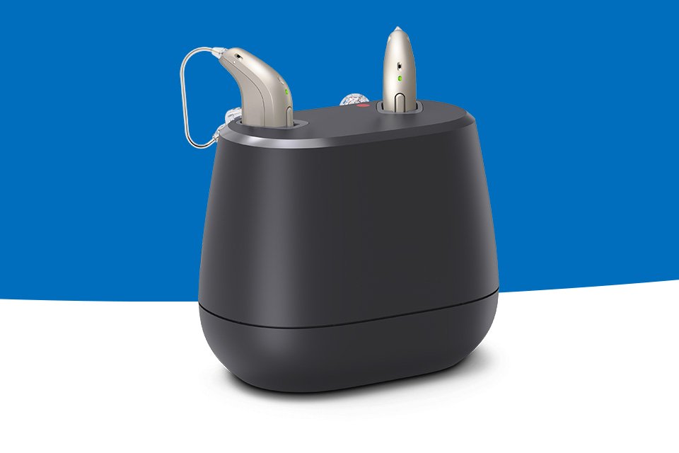 Image shows rechargeable hearing aids