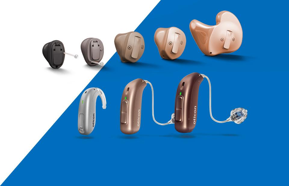 Image shows hearing aid models from different brands