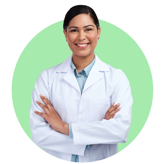 Image shows audiologist in front of green background