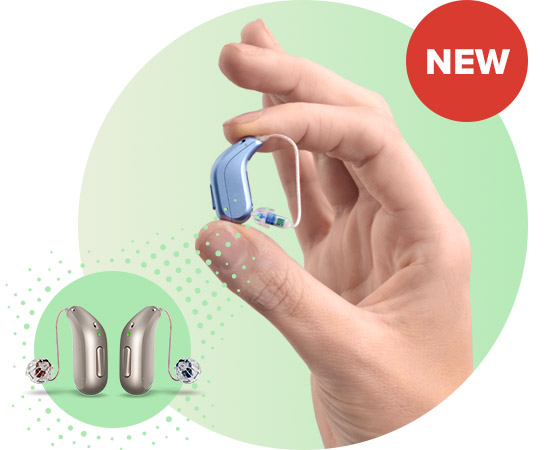 Person holding the new Oticon Intent™ behind-the-ear hearing aid