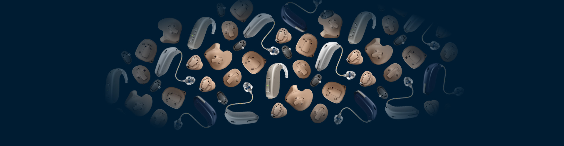 Various hearing aids and earpieces are displayed in an array, floating against a dark blue background, showcasing different shapes, styles, and colors typically used in hearing assistance devices.