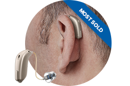 Image shows an visible hearing aid in the ear